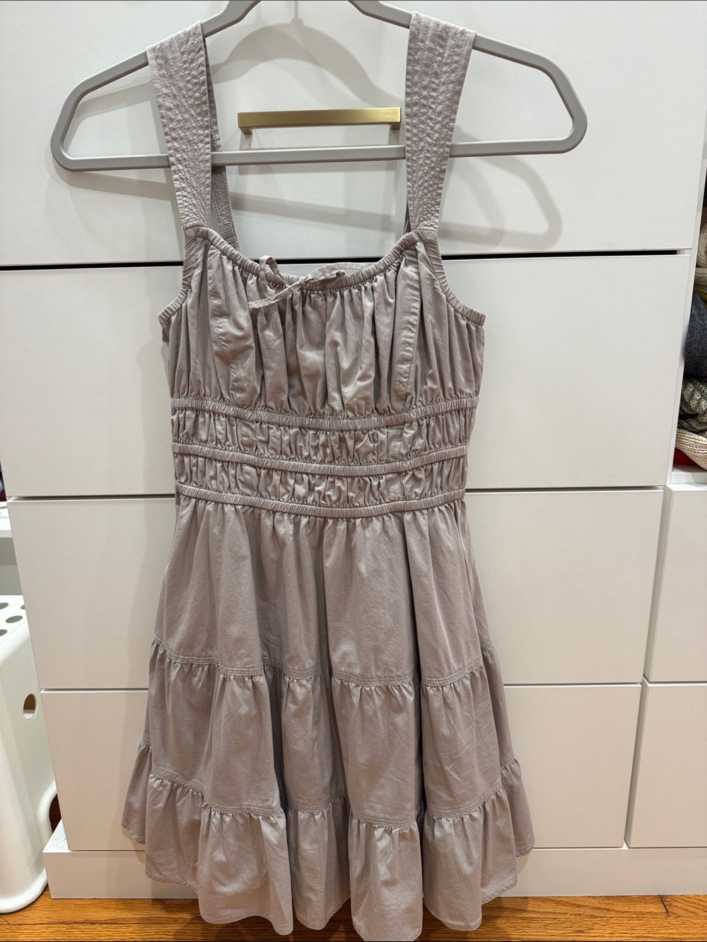 Aritzia Sunday Best Smocked Tiered Dress in Light Taupe size small